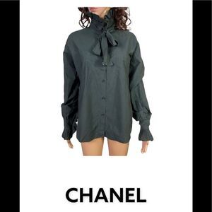 Chanel Renaissance Black Tie Neck Buttoned Long Sleeve Cotton Blouse S EUR 38